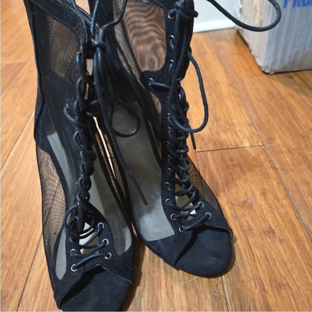 Elegant Black Mesh Lace-Up Heels